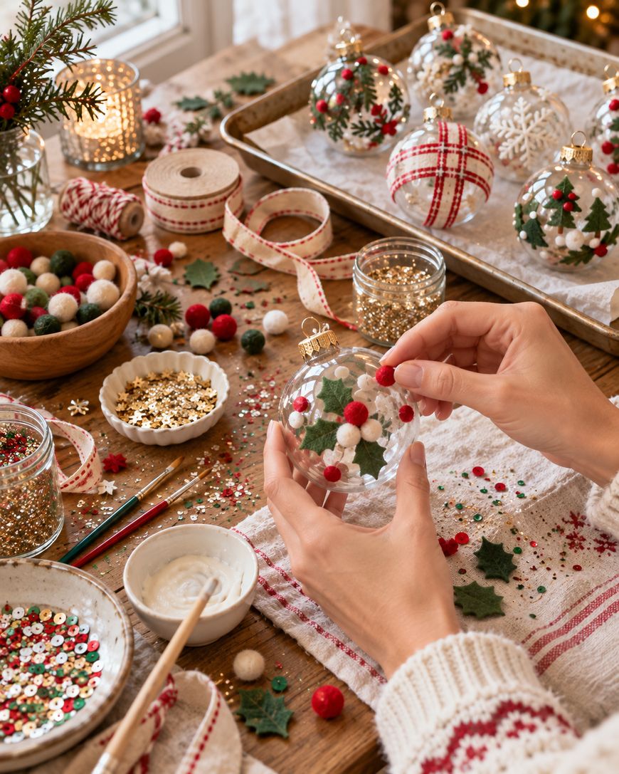 Hands crafting a clear glass Christmas ornament decorated with felt holly leaves and red pom-poms, surrounded by supplies like beads, sequins, and ribbons on a wooden table.