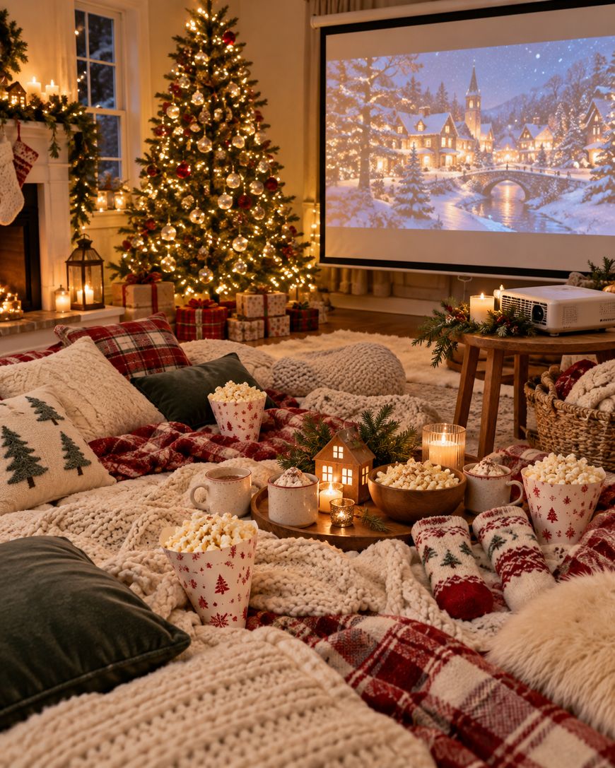 A cozy floor setup with blankets, pillows, popcorn, and cocoa, facing a large projector screen displaying a snowy village scene in front of a decorated Christmas tree.