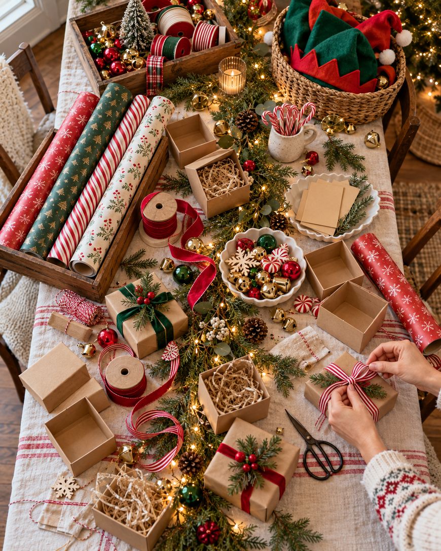 A person ties a red and white ribbon around a gift box on a table filled with wrapping paper, ornaments, and holiday craft supplies.