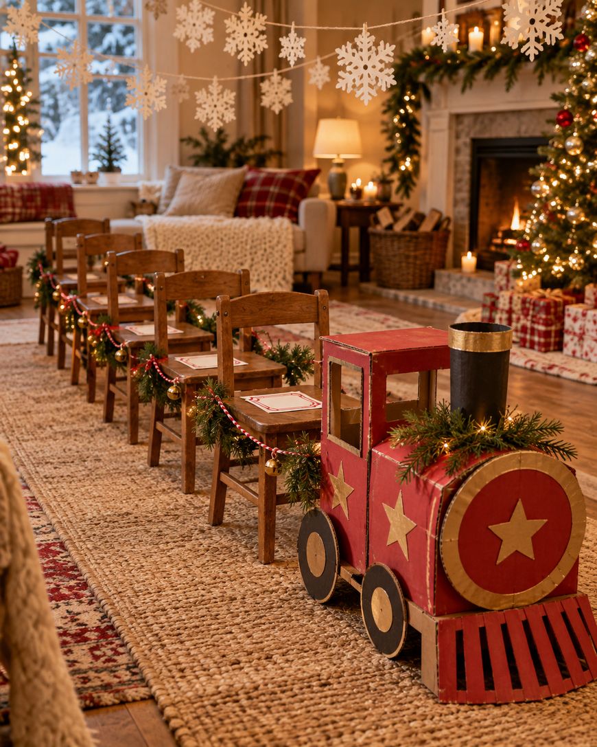 A red toy train engine pulling a line of wooden chairs decorated with garland, set up in a festive living room with a Christmas tree and fireplace.