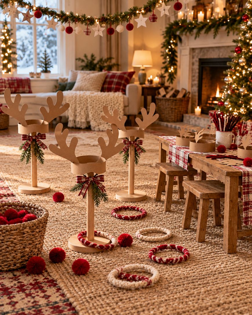 A ring toss game featuring three wooden reindeer antler stands and several red and white fabric rings scattered on a rug in a festive, decorated living room.