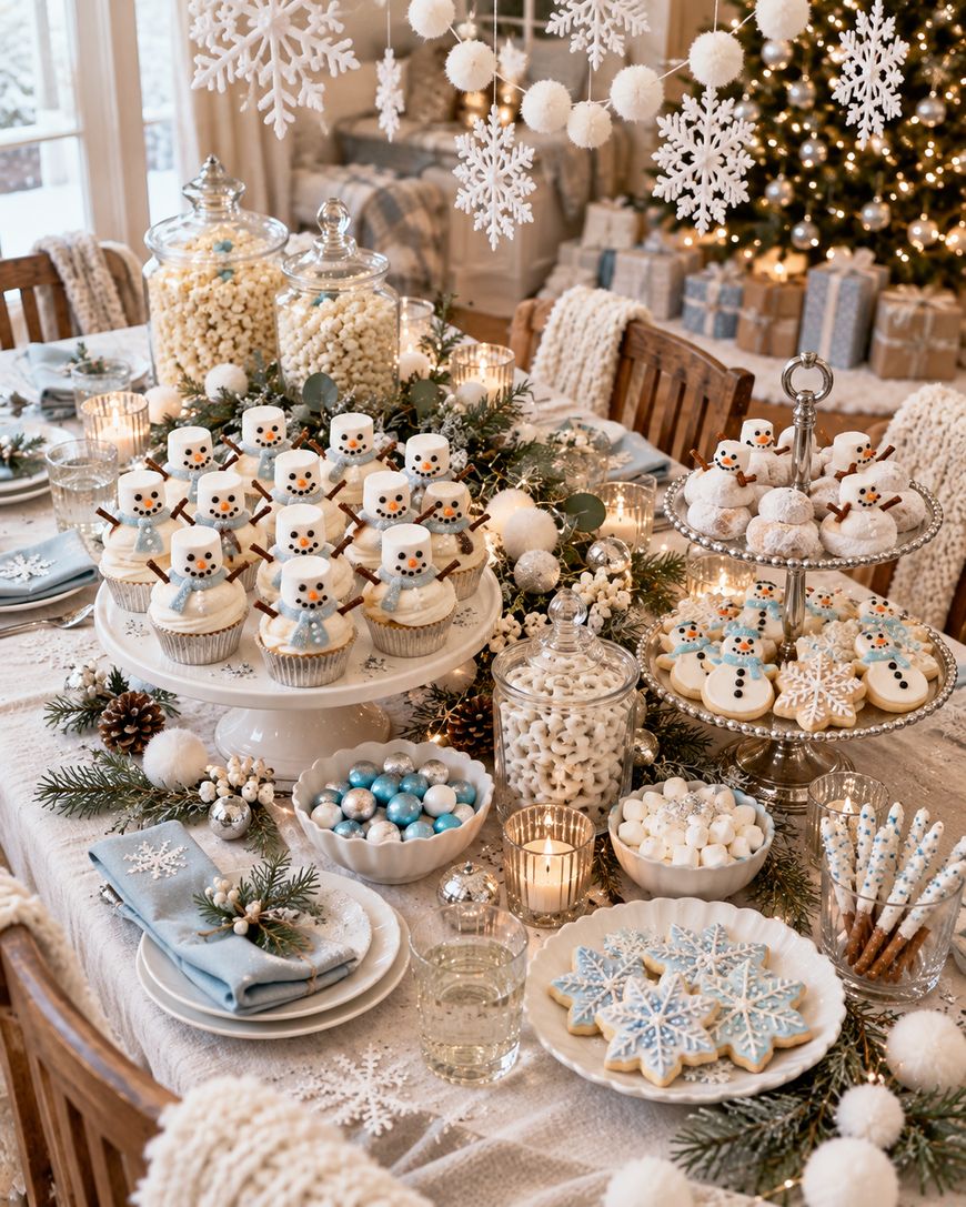 A festive holiday dessert table featuring snowman cupcakes, snowflake-shaped cookies, and glass jars of treats, set on a table decorated with greenery and pinecones.