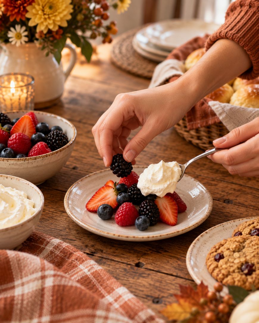 Hands placing a blackberry onto a plate of mixed berries with a spoonful of whipped cream.