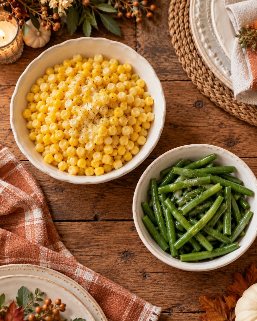 Two bowls on a wooden table, one filled with seasoned corn and the other with green beans.
