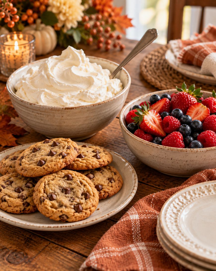 A plate of chocolate chip cookies beside bowls of whipped cream and fresh berries on a wooden table.
