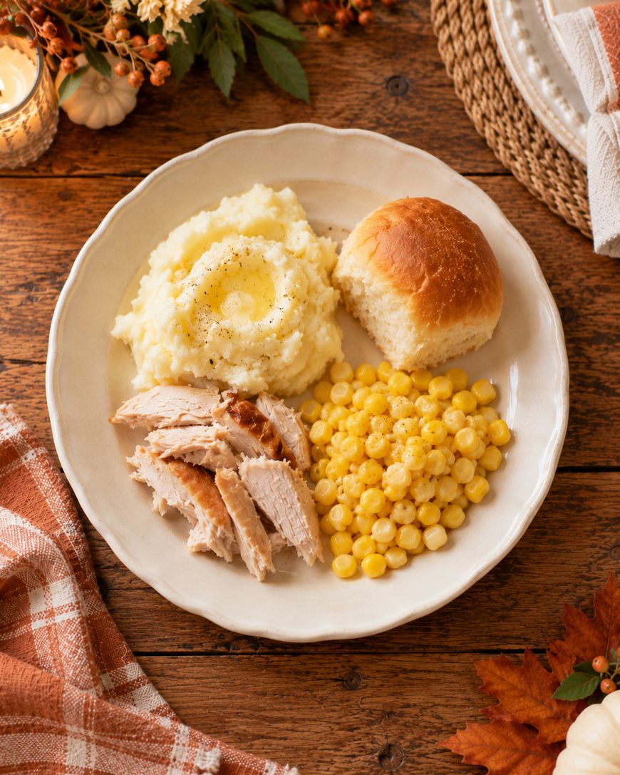 A plate of Thanksgiving dinner with sliced turkey, mashed potatoes with a pat of butter, corn, and a dinner roll.
