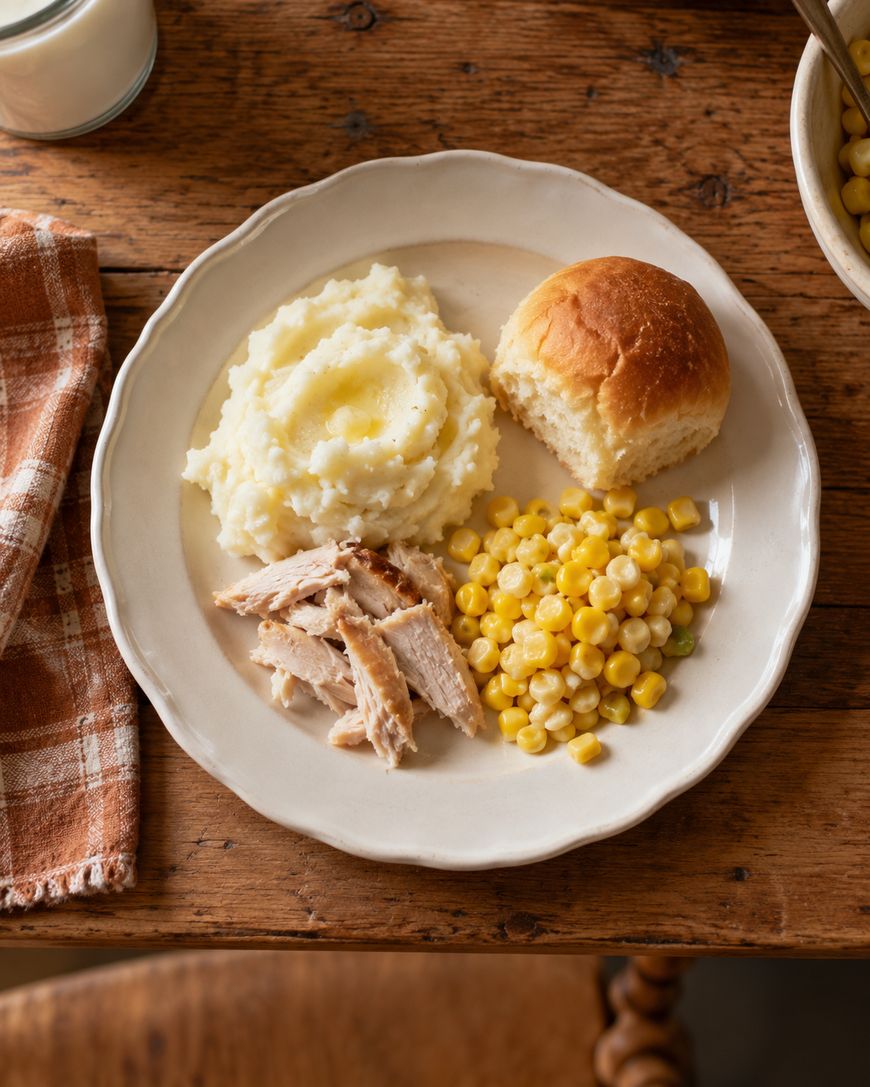 A dinner plate with sliced turkey, mashed potatoes topped with butter, corn, and a dinner roll.