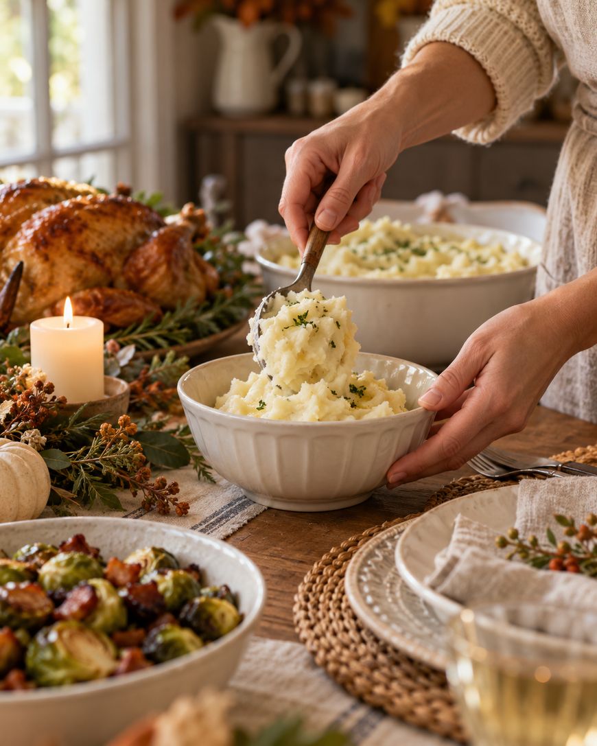 A person serves a spoonful of mashed potatoes into a bowl on a table set with a roasted turkey and Brussels sprouts.