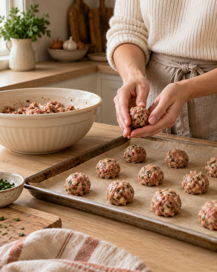 A person rolls a raw meatball by hand and places it onto a parchment-lined baking sheet filled with other prepared meatballs.