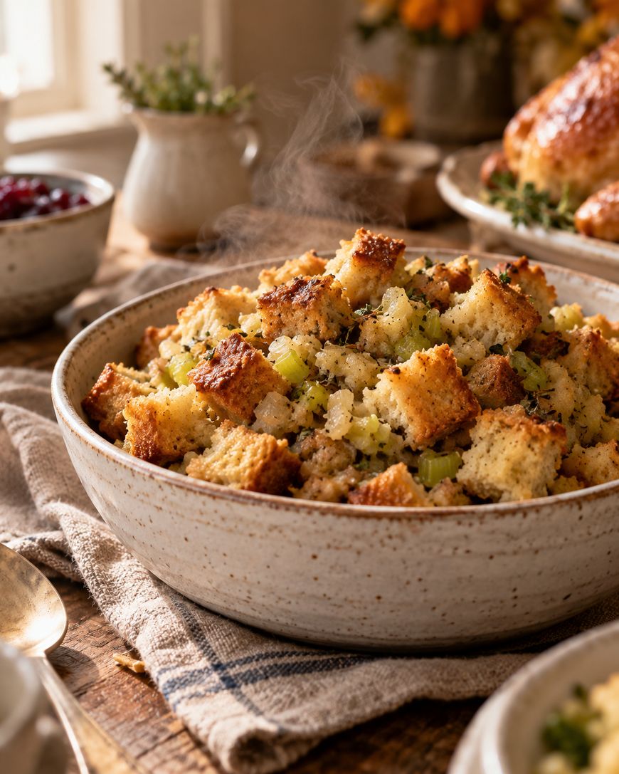 A steaming bowl of herb-seasoned stuffing with cubed bread, celery, and onions on a wooden table.