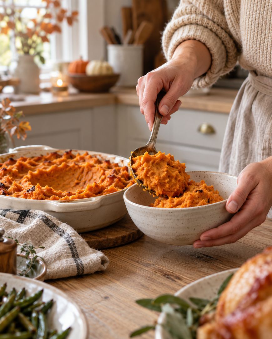 A person scoops mashed sweet potatoes from a large baking dish into a ceramic bowl.