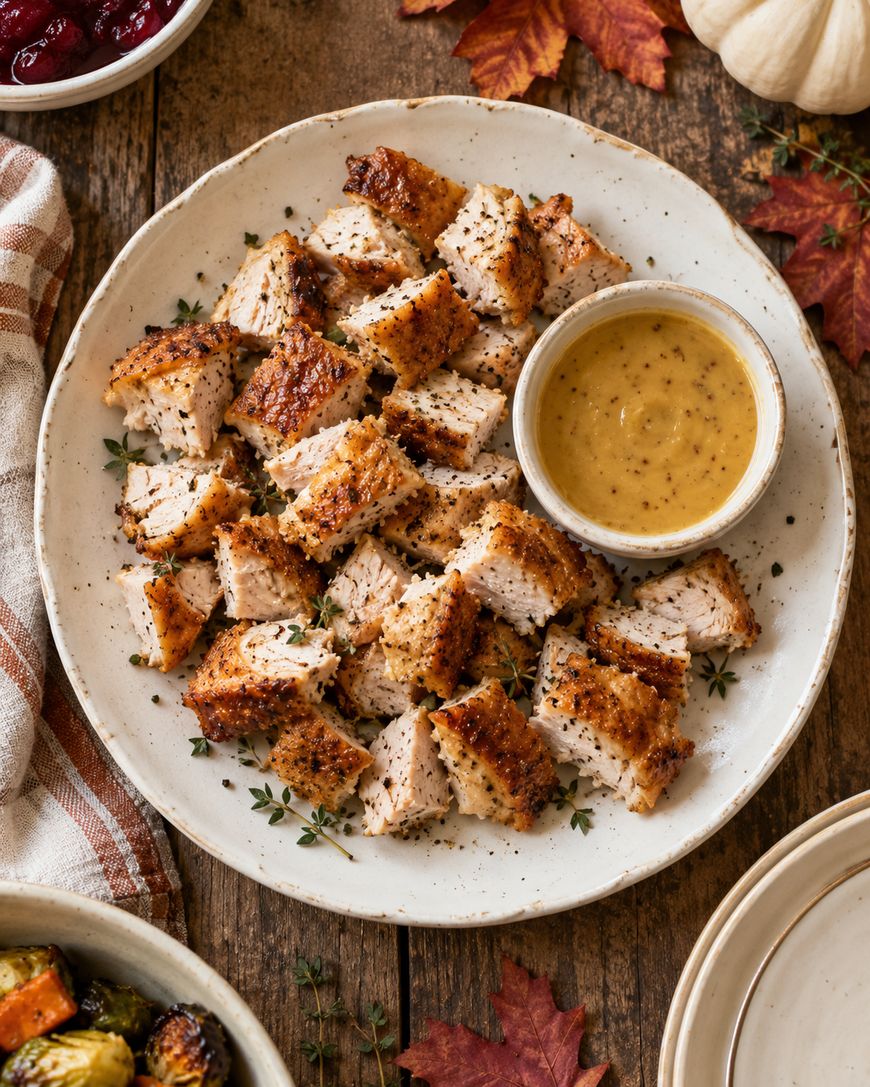 A plate of cubed, seasoned roasted chicken with a side of mustard dipping sauce, garnished with fresh thyme.