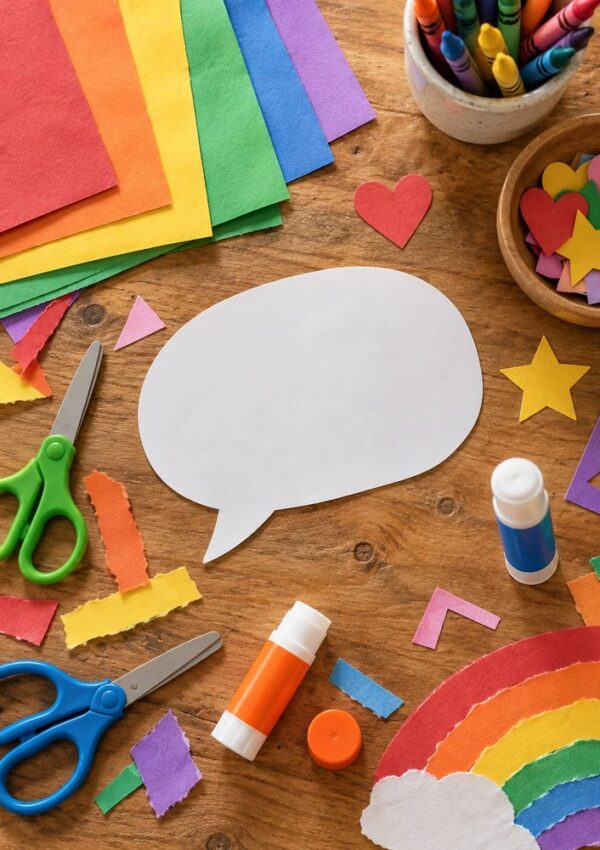 A blank, white, speech-bubble-shaped piece of paper surrounded by craft supplies including colorful felt sheets, scissors, glue sticks, and paper cutouts on a wooden table.