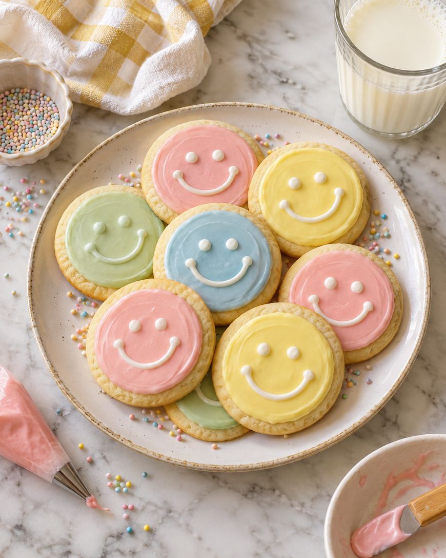 A plate of round sugar cookies decorated with pastel-colored icing and white smiley faces, next to a glass of milk and a piping bag.