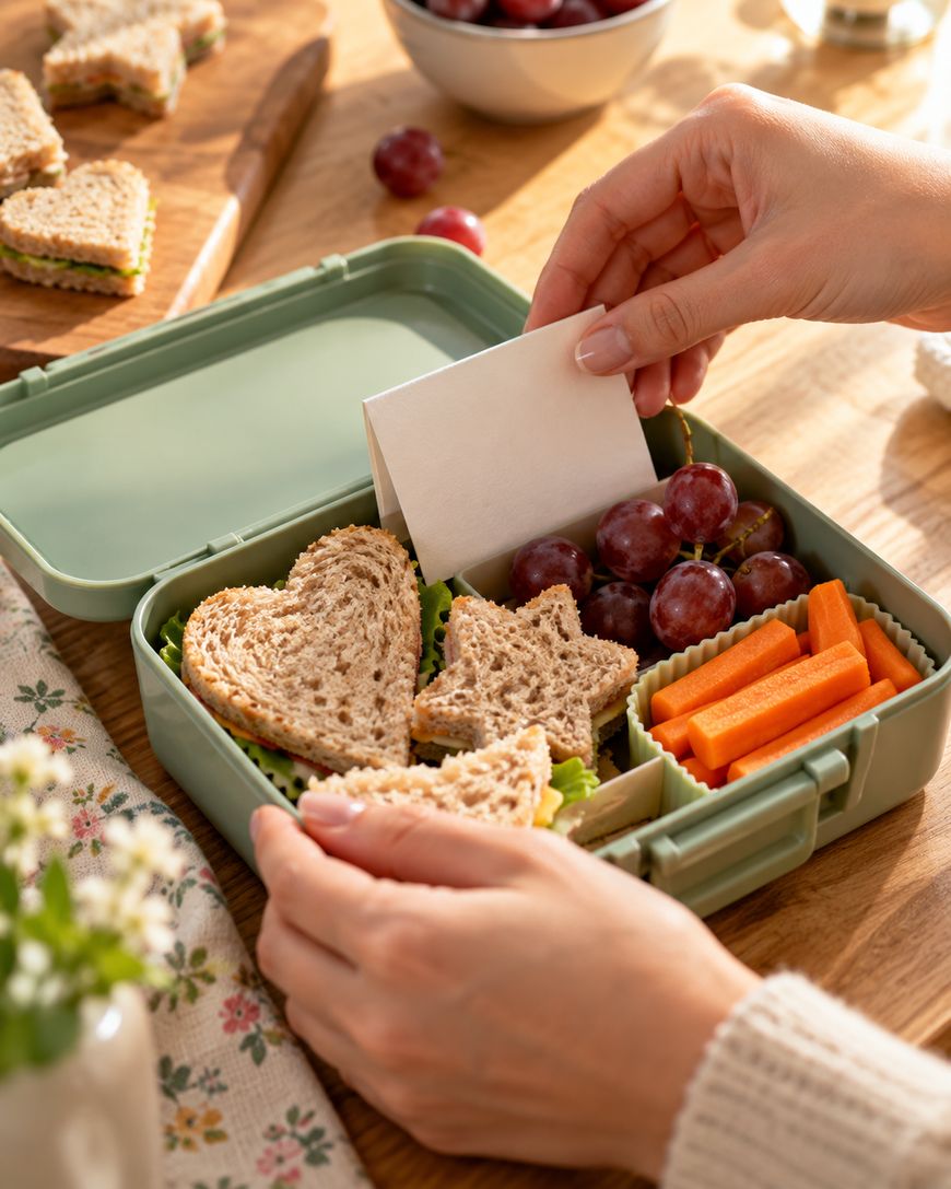 A person places a blank note into a green bento box filled with heart and star-shaped sandwiches, grapes, and carrot sticks.