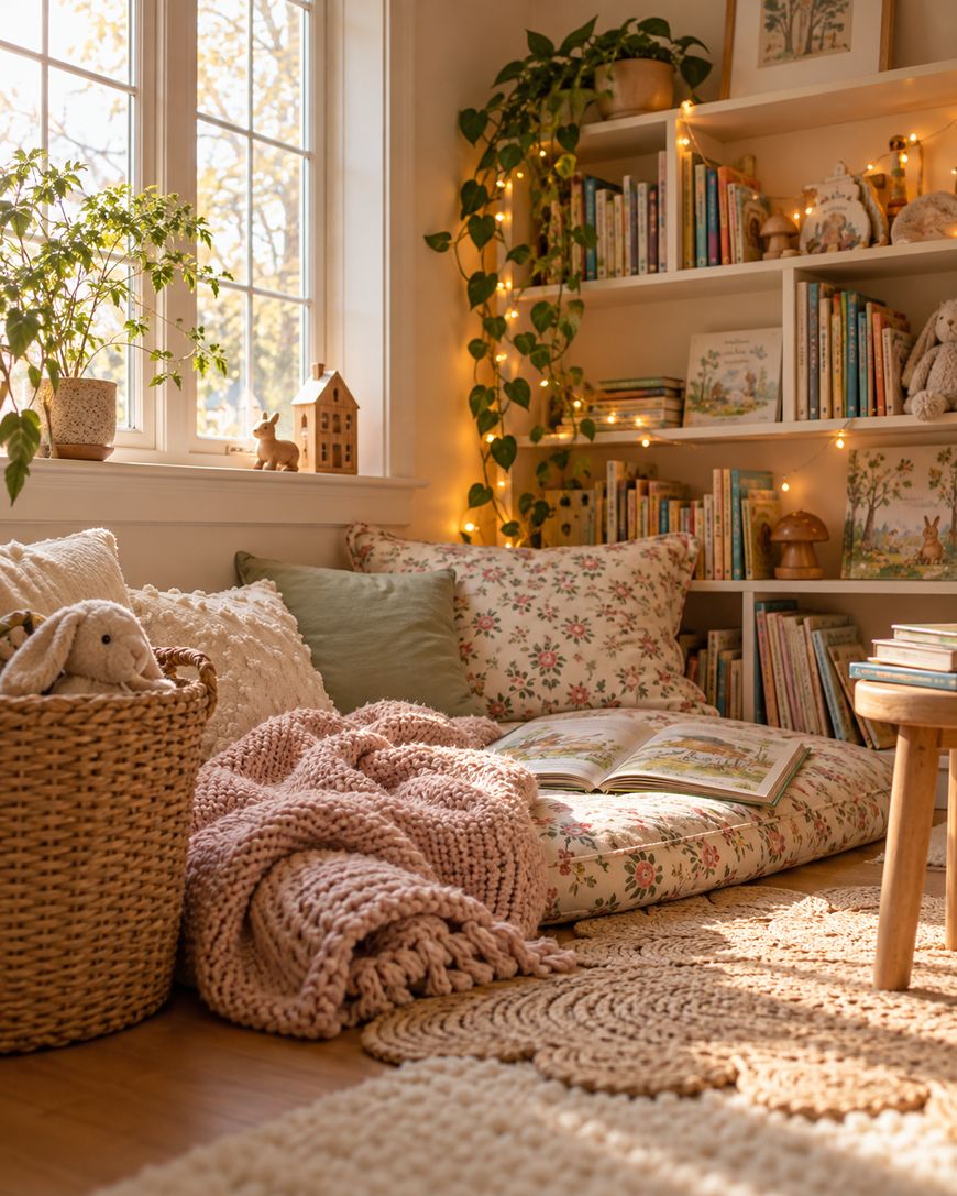 A cozy reading nook by a window with a floor cushion, a chunky knit blanket, and bookshelves adorned with fairy lights.