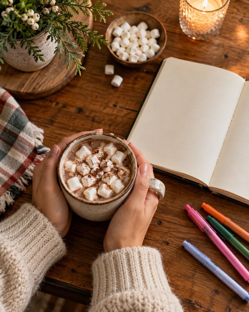 Hands in a beige sweater holding a mug of hot cocoa topped with marshmallows, next to an open notebook and colorful pens on a wooden table.