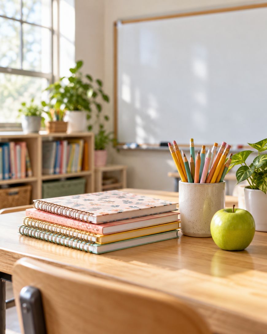 A stack of four spiral notebooks, a cup of pencils, and a green apple sit on a wooden desk in a classroom.