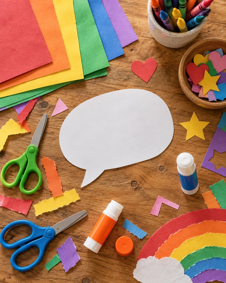 A blank white speech bubble cutout surrounded by colorful craft paper, scissors, glue sticks, and paper shapes on a wooden table.