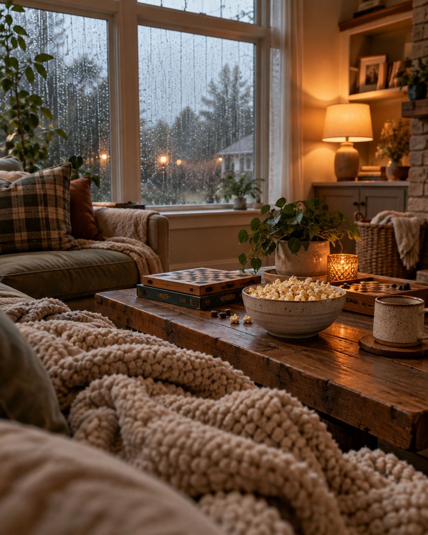 A cozy living room with a bowl of popcorn, games, and a candle on a wooden coffee table in front of a rainy window.