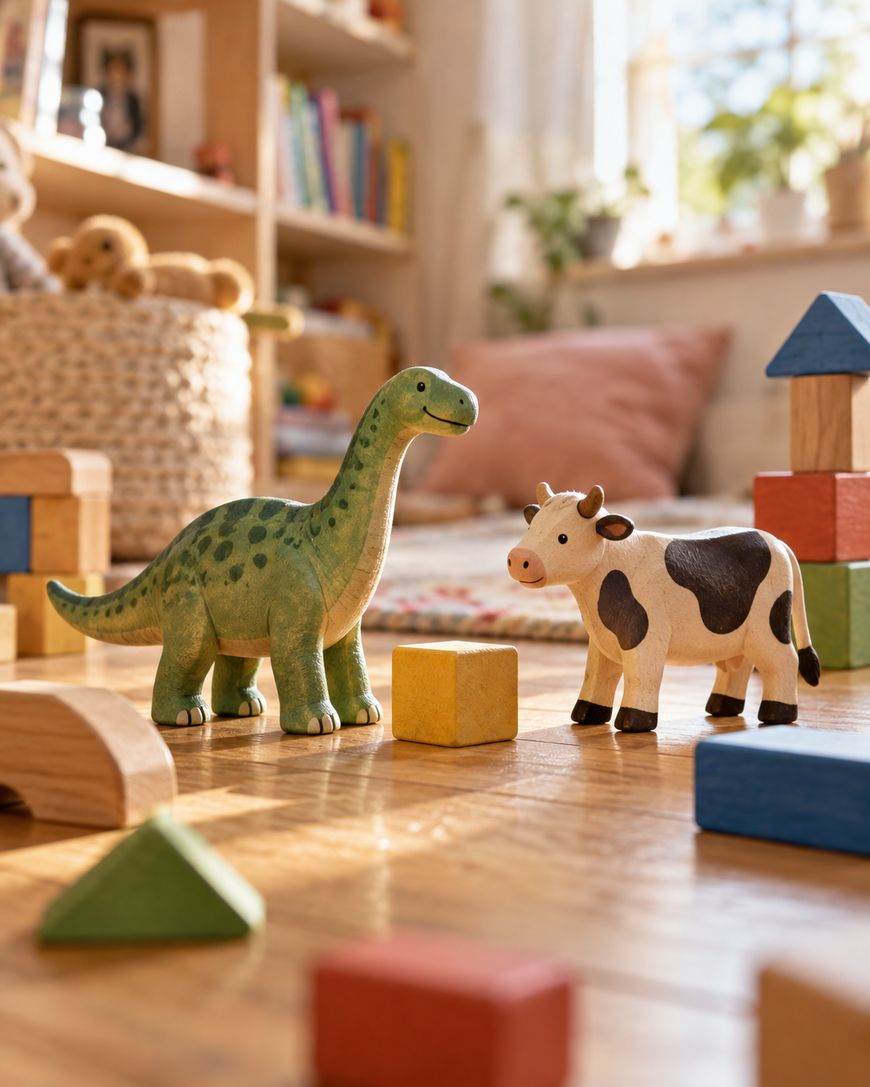 Wooden dinosaur and cow toy figures standing on a floor surrounded by colorful wooden building blocks.