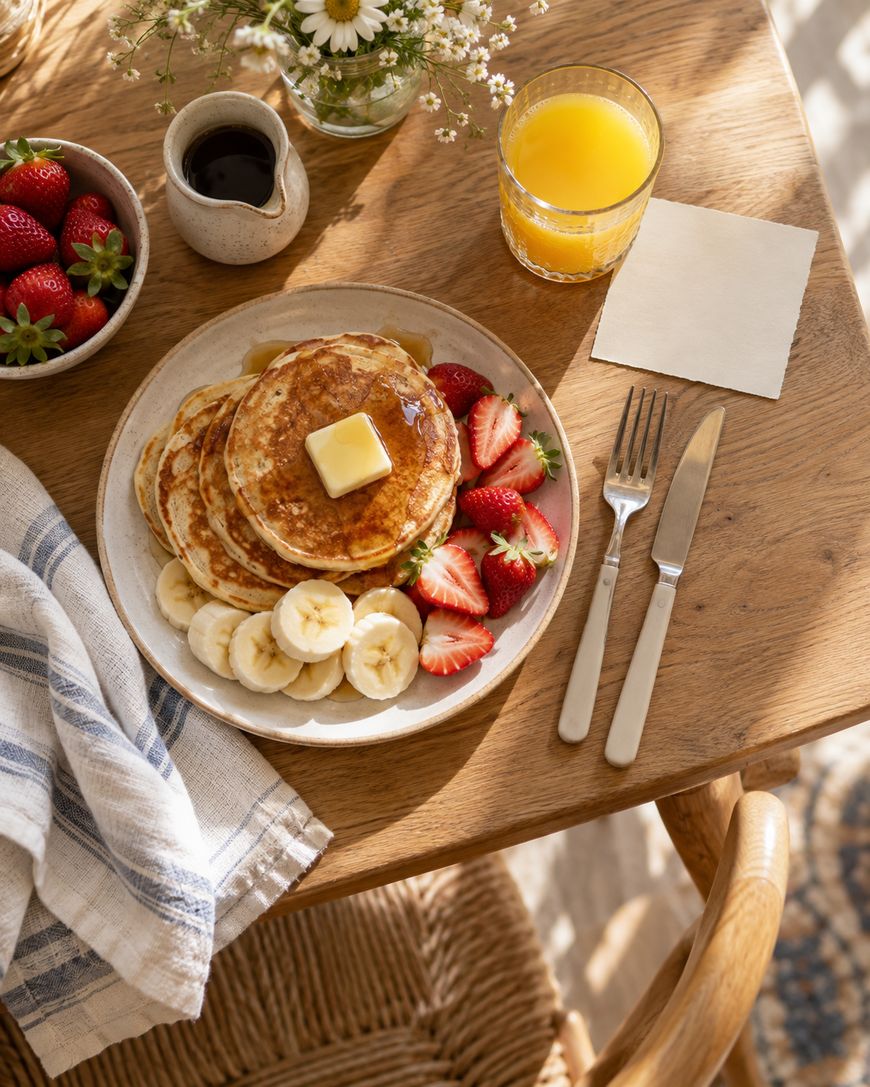 A stack of pancakes topped with butter and syrup, served with sliced strawberries, bananas, a side of fresh strawberries, and a glass of orange juice on a wooden table.