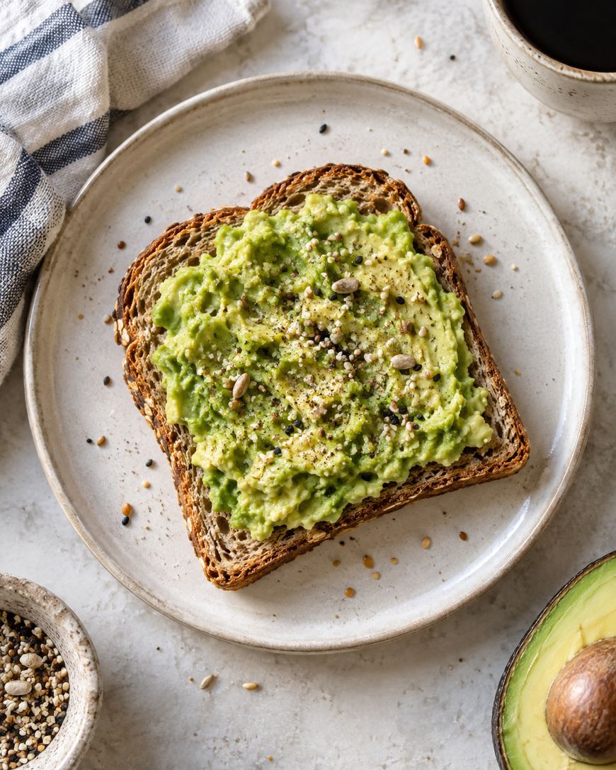 A slice of toasted bread topped with smashed avocado, seeds, and cracked black pepper on a ceramic plate.