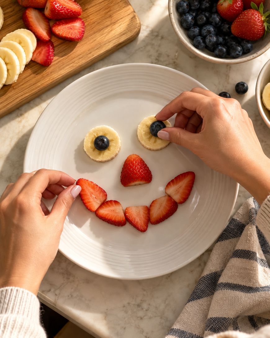 Hands arranging sliced strawberries and blueberries on a plate to form a smiley face.