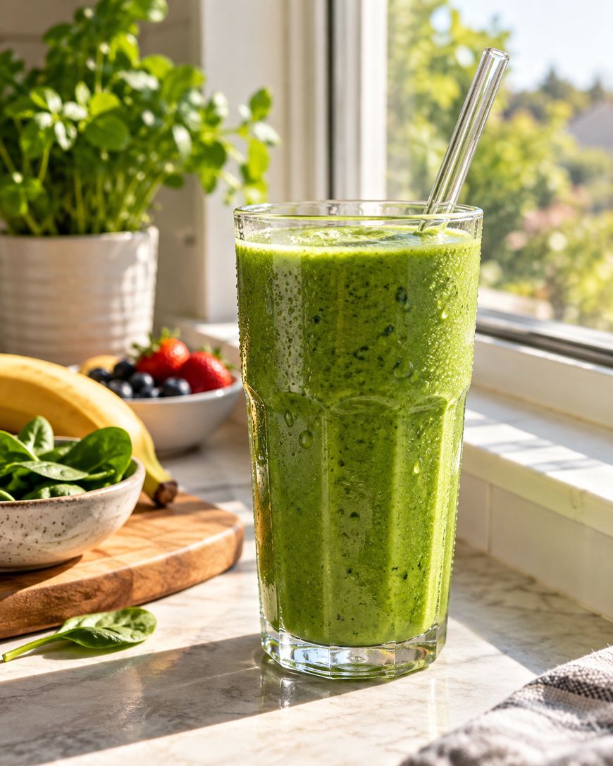 A tall glass of green smoothie with a glass straw, sitting on a counter near a window with bowls of fruit and spinach in the background.