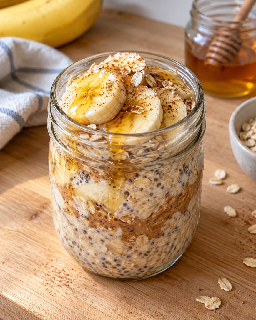 Overnight oats in a glass jar, layered with nut butter and topped with banana slices, honey, and a dusting of cinnamon.