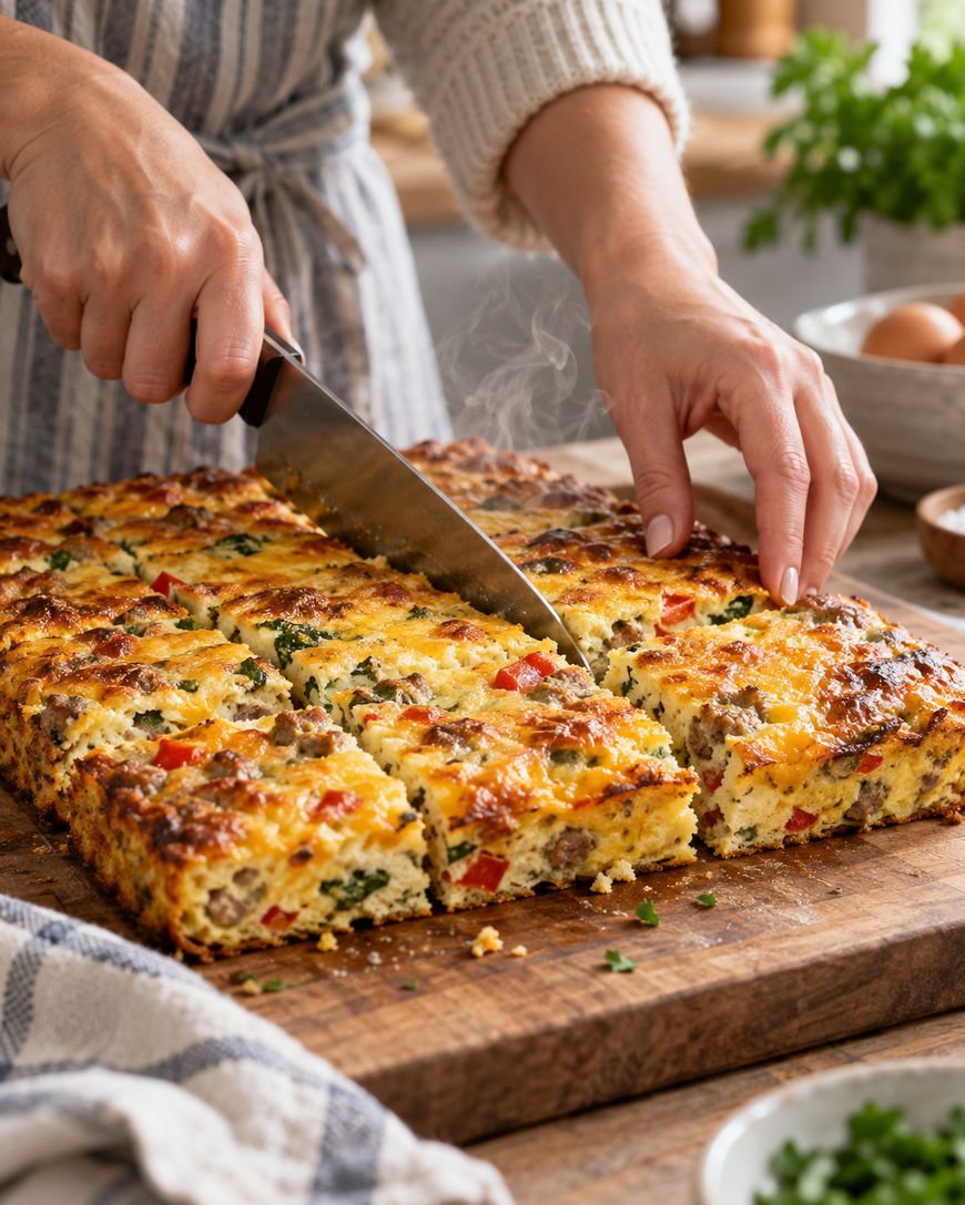 A person uses a chefs knife to slice a steaming breakfast casserole on a wooden cutting board.