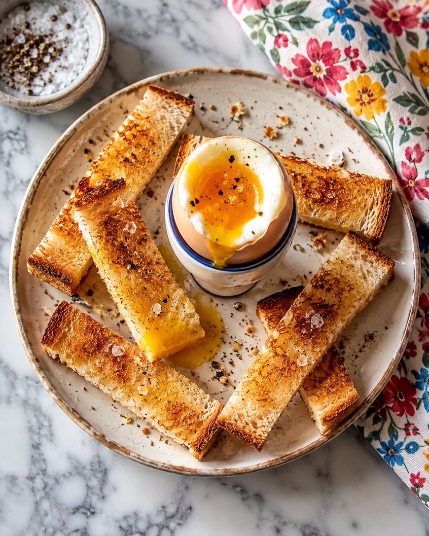 A soft-boiled egg in a cup surrounded by buttered toast soldiers on a ceramic plate.