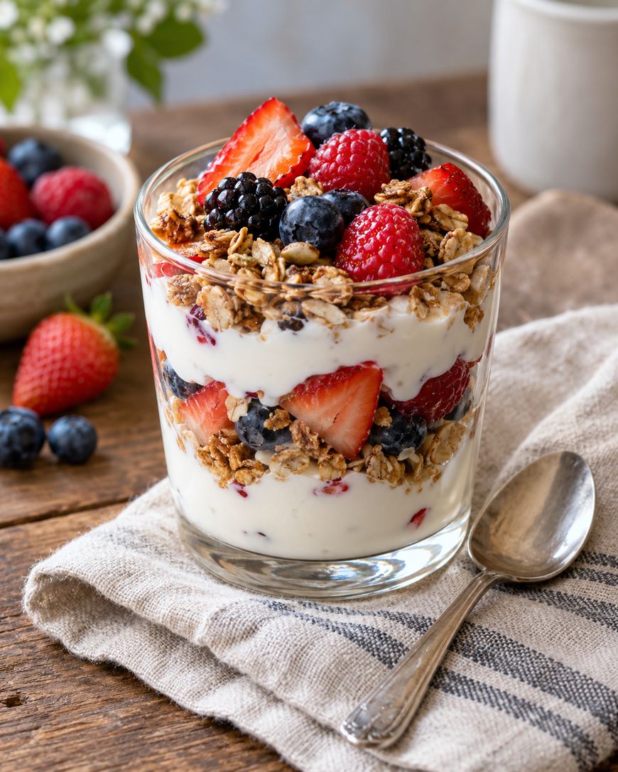 A glass jar layered with yogurt, granola, strawberries, blueberries, and blackberries, with a spoon on the side.