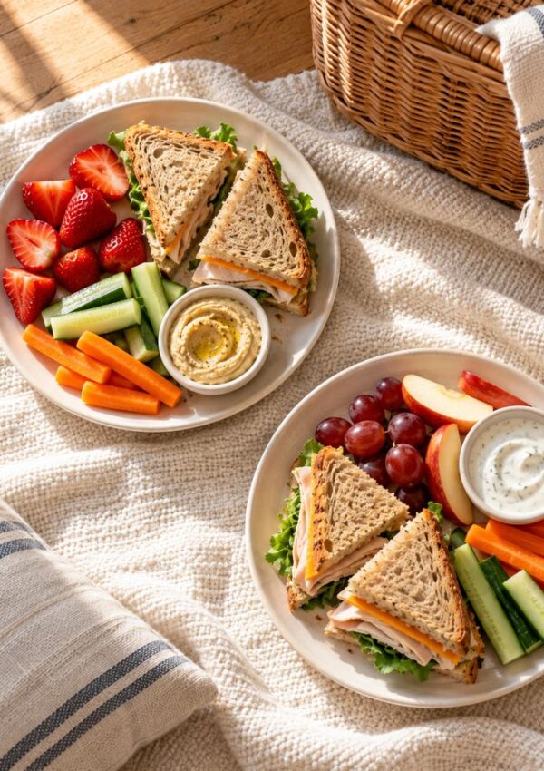 Two plates, each with a turkey sandwich, hummus or dip, and a side of fresh fruit and vegetable sticks, set on a picnic blanket next to a basket.