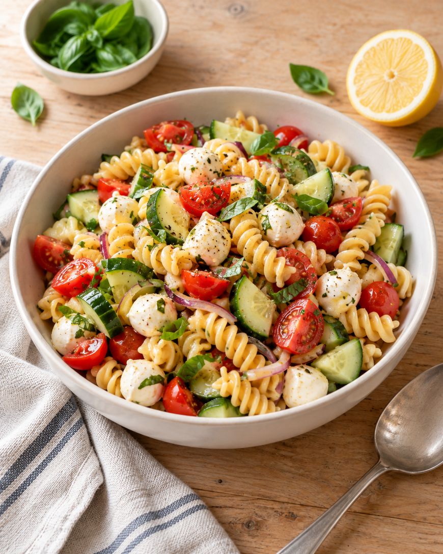 A bowl of pasta salad with rotini, mozzarella pearls, cherry tomatoes, cucumber, and red onion.