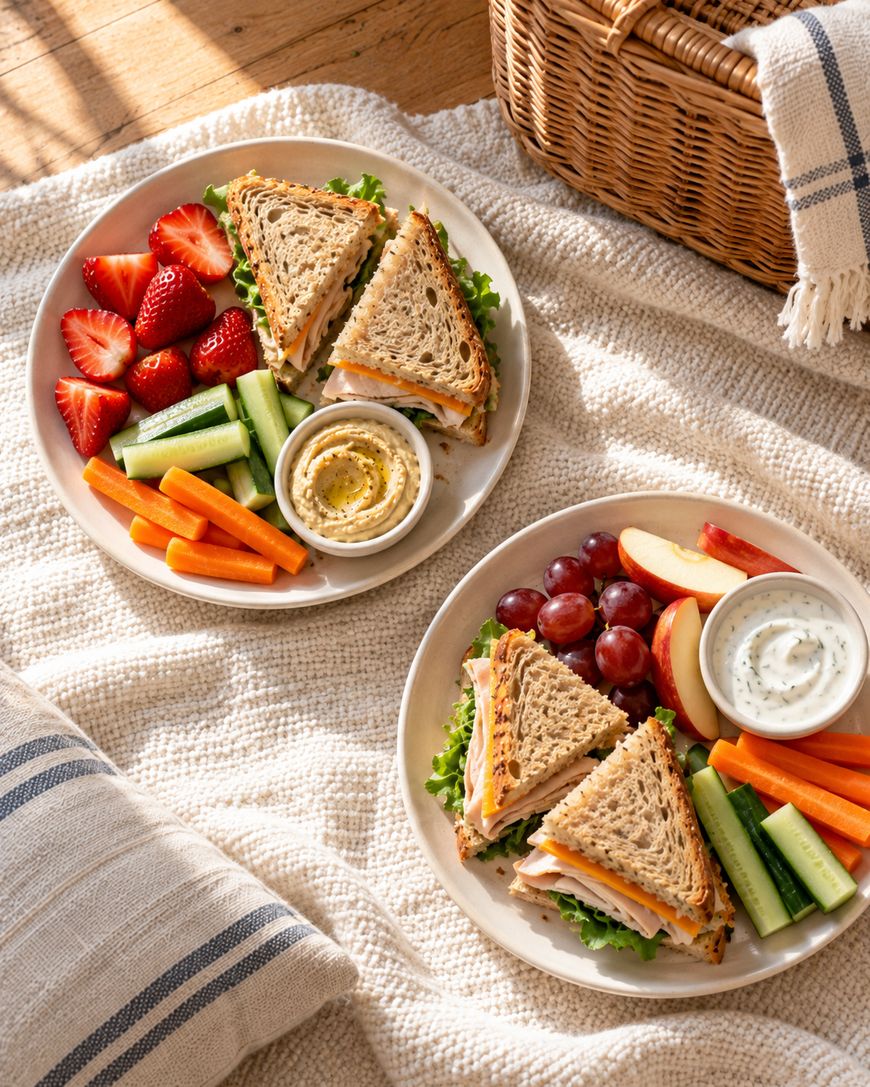 Two plates of turkey sandwiches on whole grain bread, served with hummus or dip, sliced strawberries, grapes, apple slices, carrots, and cucumber sticks on a white blanket.