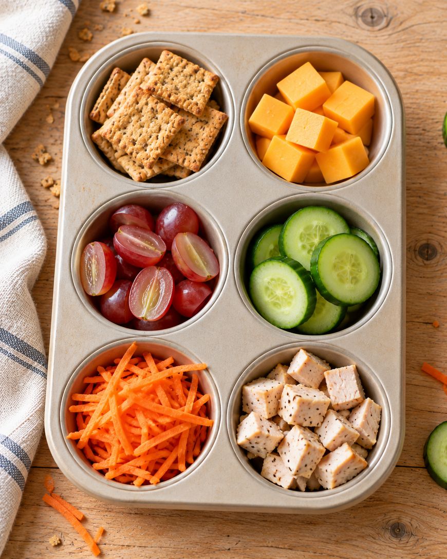 A muffin tin filled with crackers, cubed cheddar cheese, halved red grapes, cucumber slices, shredded carrots, and cubed seasoned chicken.