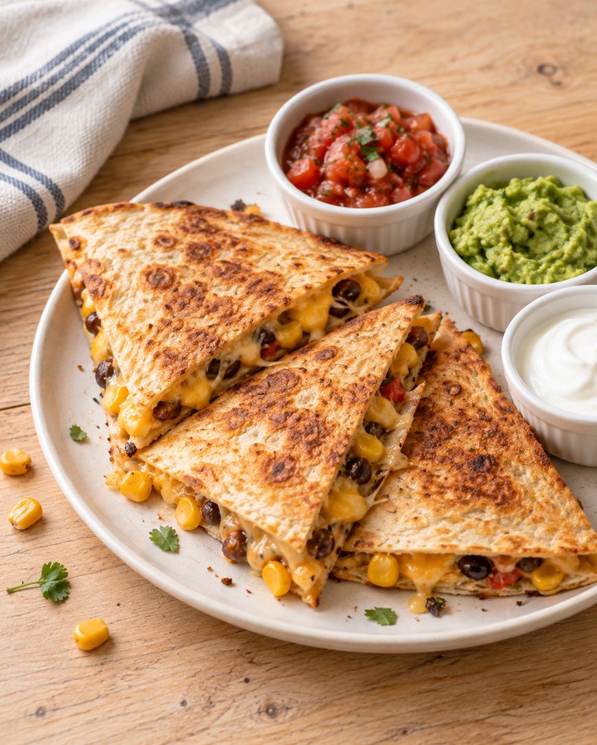Three toasted quesadilla wedges filled with black beans and corn on a plate with small bowls of salsa, guacamole, and sour cream.