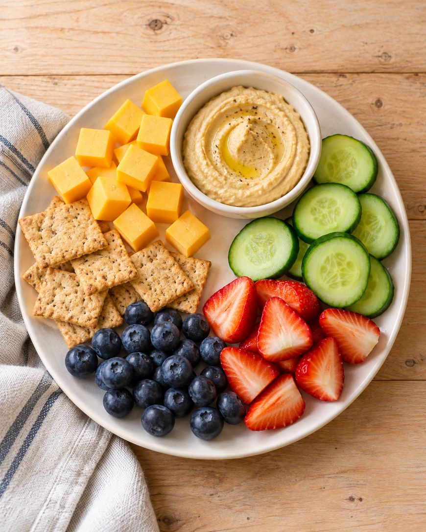 A plate of snack food including cubed cheddar cheese, hummus, crackers, cucumber slices, and blueberries with sliced strawberries.