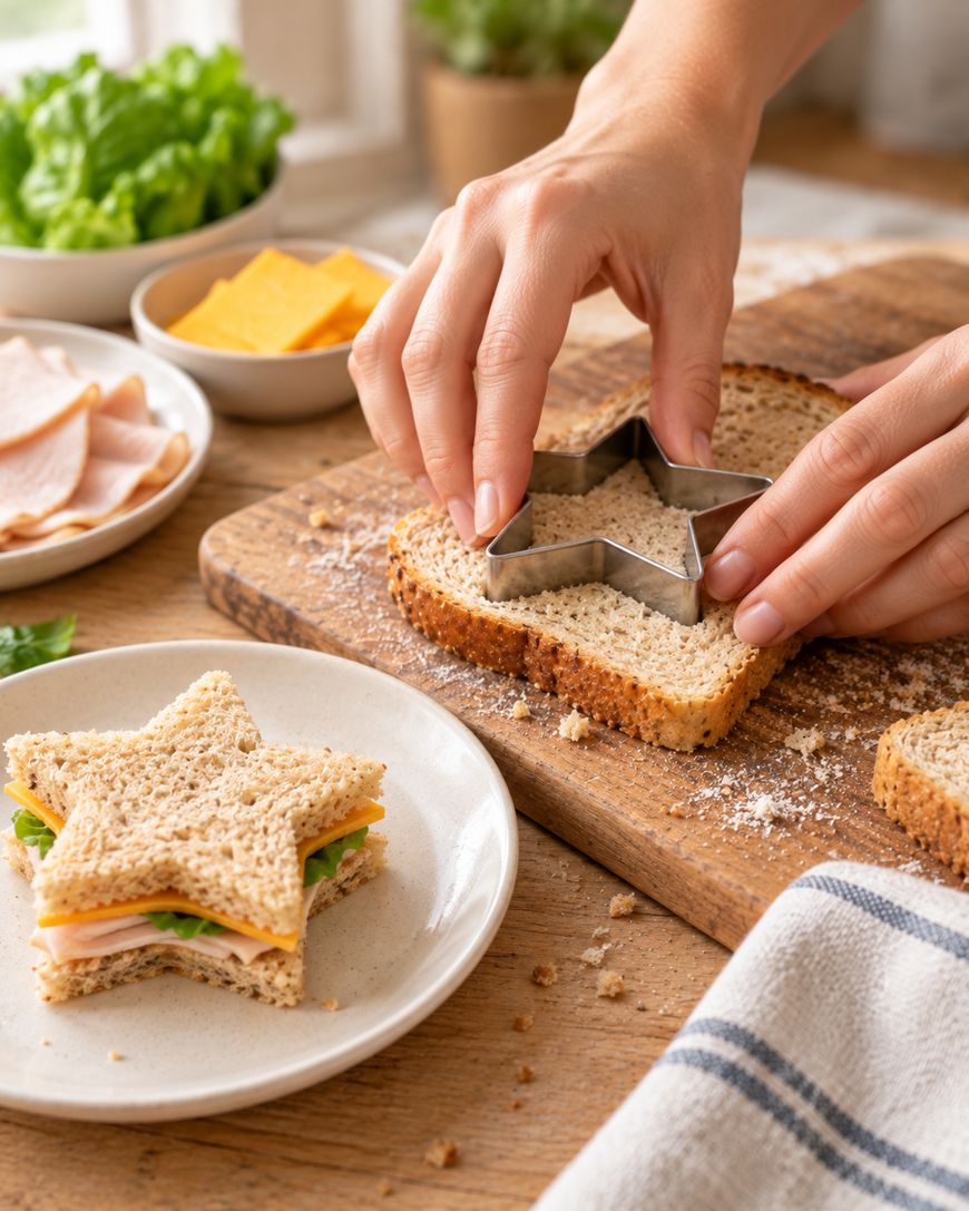 Hands using a star-shaped cookie cutter to cut bread for a sandwich, with a finished star-shaped sandwich on a nearby plate.