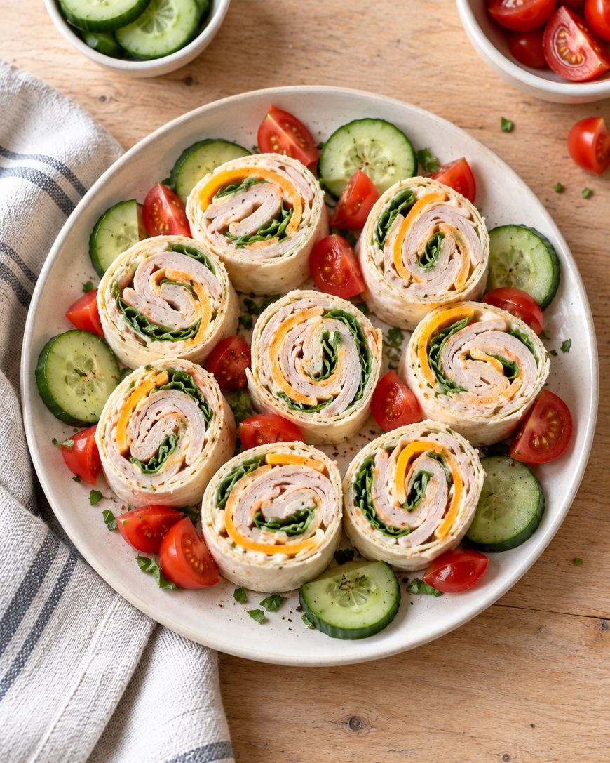 Six turkey and cheese pinwheel wraps arranged on a plate with sliced cucumbers and cherry tomatoes.