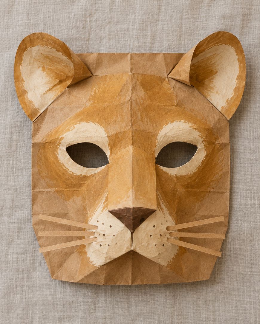A paper mask of a lions face with folded features, painted highlights, and thin paper whiskers.