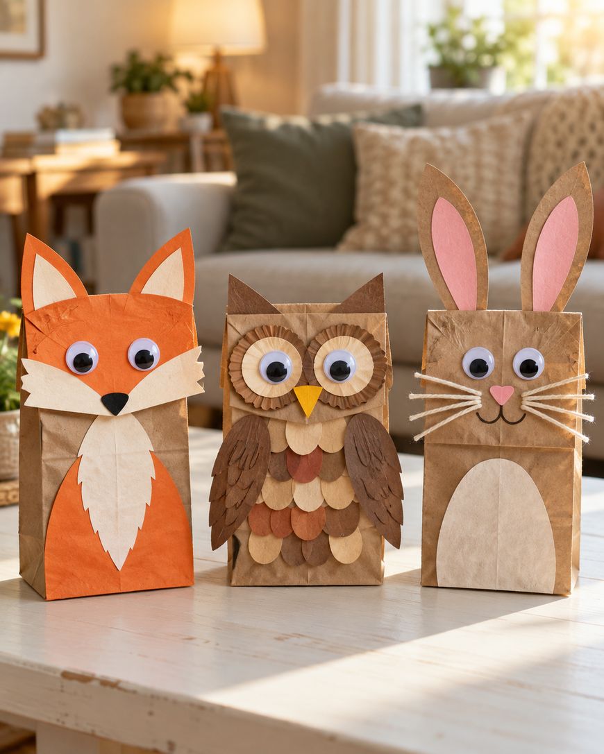 Three paper bags decorated as a fox, an owl, and a rabbit standing on a table.