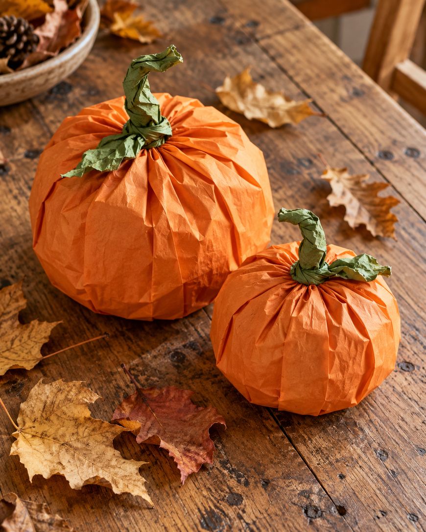 Two craft pumpkins made of orange tissue paper with green stems, sitting on a wooden table surrounded by scattered autumn leaves.