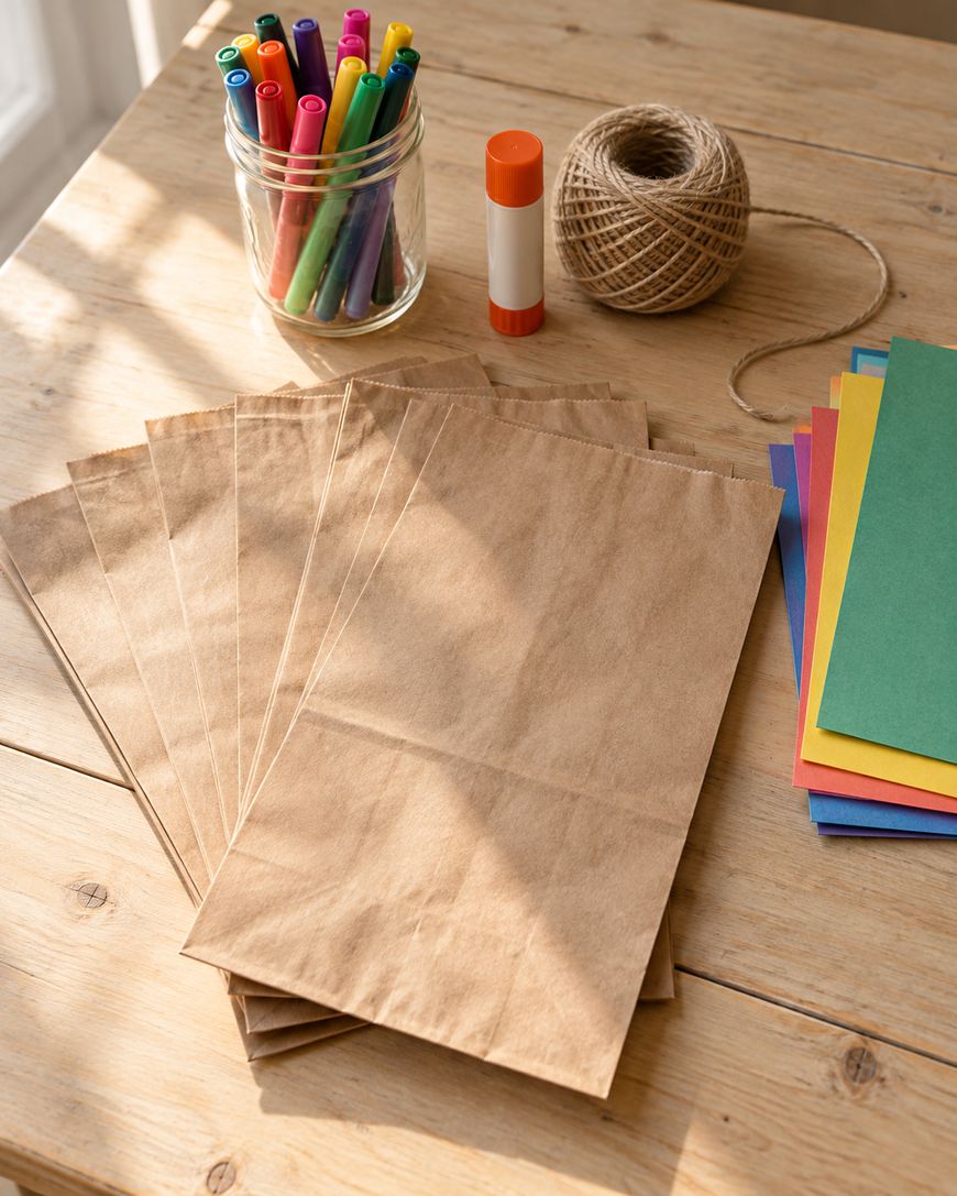 A stack of brown paper bags on a wooden table next to a jar of markers, a glue stick, a ball of twine, and a stack of colored construction paper.