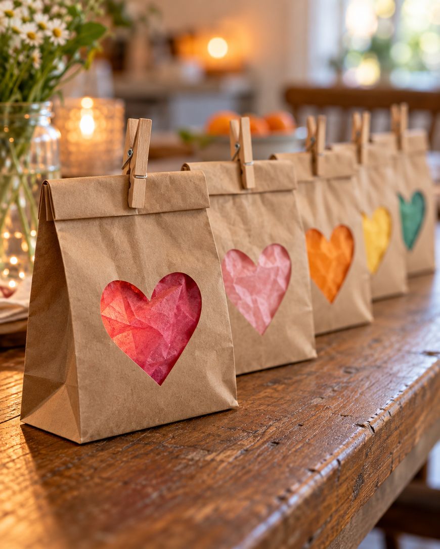 A row of brown paper bags, each featuring a heart-shaped cutout filled with colorful tissue paper and secured at the top with a wooden clothespin, sitting on a wooden table.