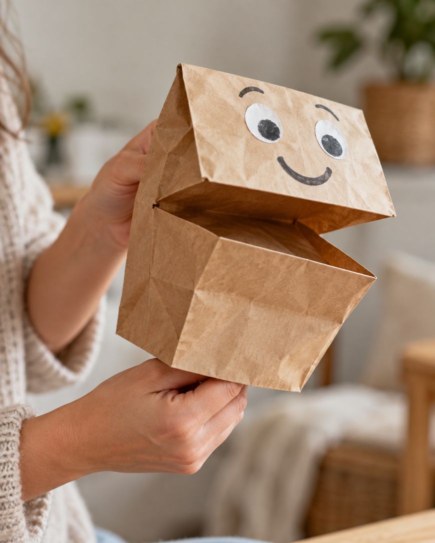 A person holds a brown paper bag puppet with a smiling face made of paper cutouts.