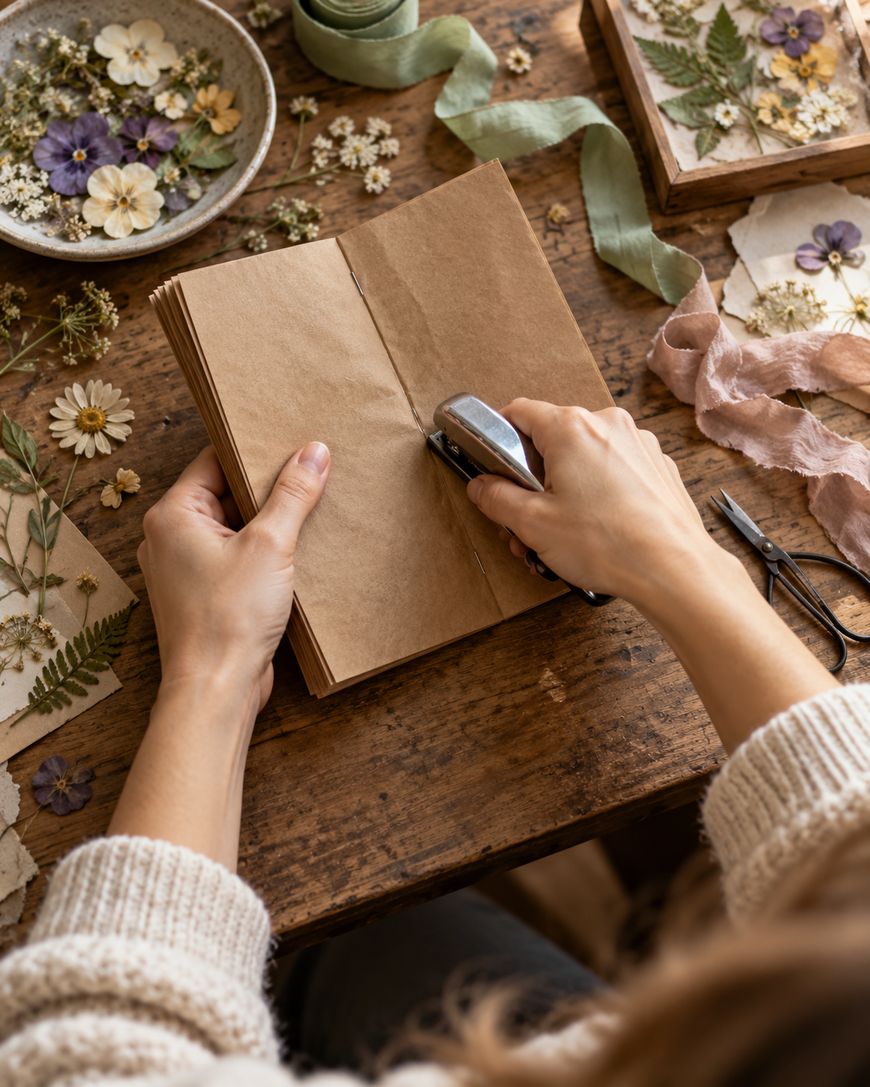 Hands stapling the center fold of a brown paper booklet on a wooden table surrounded by pressed flowers and ribbon.