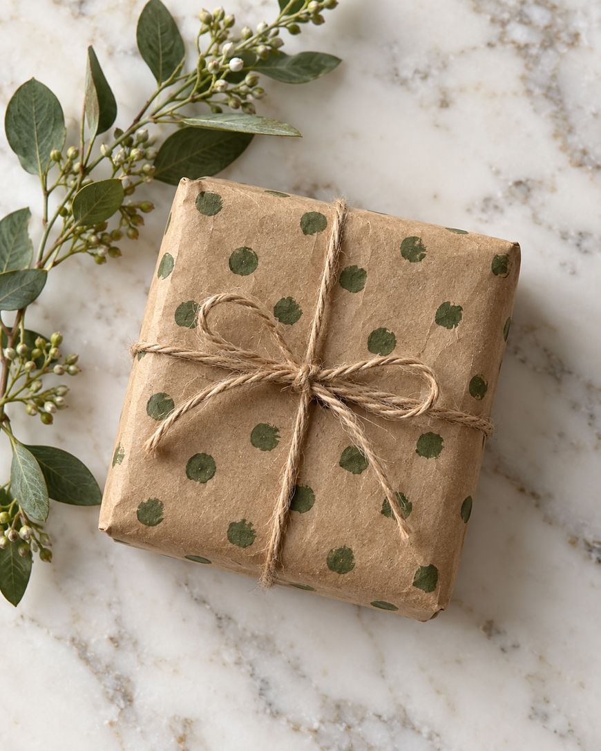 A square gift wrapped in brown paper with green polka dots, tied with twine and resting next to a sprig of greenery on a marble surface.