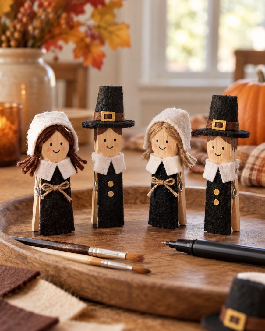 Four clothespin dolls dressed as pilgrims, including two women in white bonnets and two men in black hats, standing on a wooden tray.